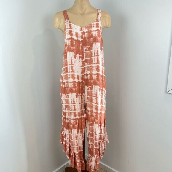 Japna Women’s Medium Tie Dye Striped Pocket  Cami Jumpsuit One Piece Orange Whit - Picture 1 of 12